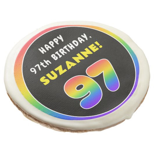 97th Birthday: Colorful Rainbow # 97, Custom Name Sugar Cookie (Angled)