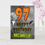 97th Birthday: Eerie Halloween Theme   Custom Name Card<br><div class="desc">The front of this spooky and scary Hallowe’en themed birthday greeting card design features a large number “97”. It also features the message “HAPPY BIRTHDAY, ”, and a custom name. There are also depictions of a ghost and a bat on the front. The inside features a custom birthday greeting message,...</div>