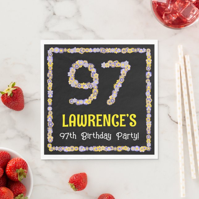 97th Birthday: Floral Flowers Number, Custom Name Napkins (Insitu)