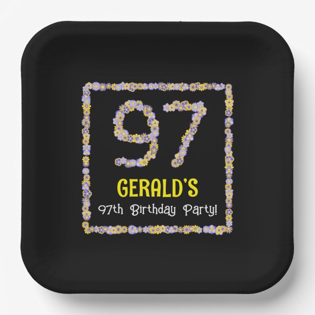 97th Birthday: Floral Flowers Number, Custom Name Paper Plates (Front)