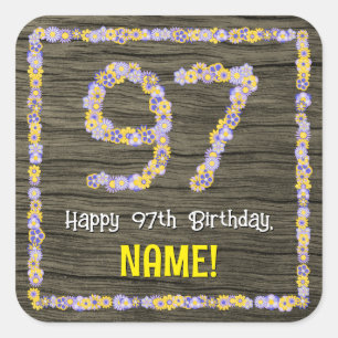 97th Birthday: Floral Number, Faux Wood Look, Name Square Sticker