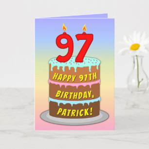 97th Birthday — Fun Cake & Candles, w/ Custom Name Card