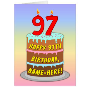 97th Birthday: Fun Cake & Candles, w/ Custom Name Card