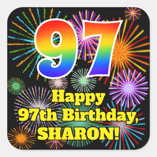 97th Birthday: Fun Fireworks Look, Rainbow # 97 Square Sticker (Front)