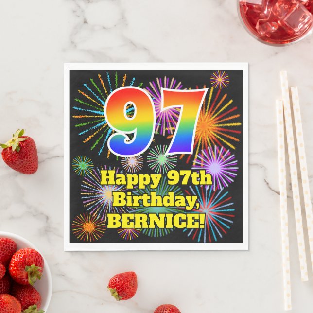 97th Birthday: Fun Fireworks Pattern + Rainbow 97 Napkins (Insitu)