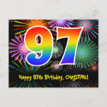 [ Thumbnail: 97th Birthday – Fun Fireworks Pattern + Rainbow 97 Postcard ]