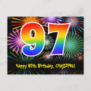 97th Birthday – Fun Fireworks Pattern + Rainbow 97 Postcard