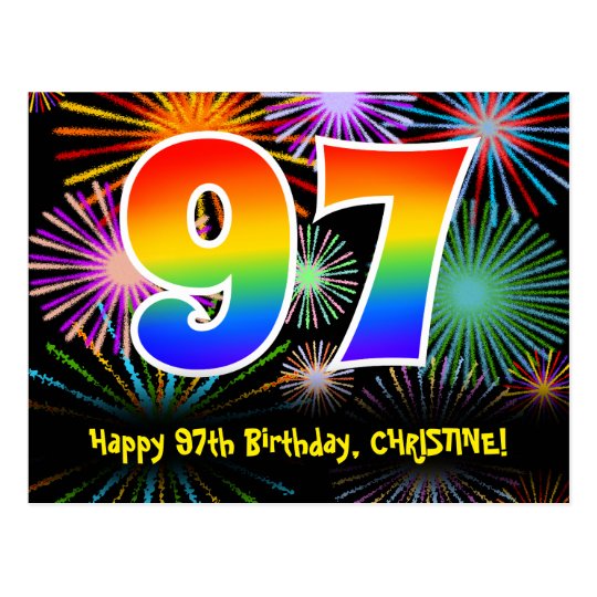 97th Birthday – Fun Fireworks Pattern + Rainbow 97 Postcard | Zazzle.com