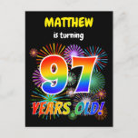 [ Thumbnail: 97th Birthday - Fun Fireworks, Rainbow Look "97" Postcard ]