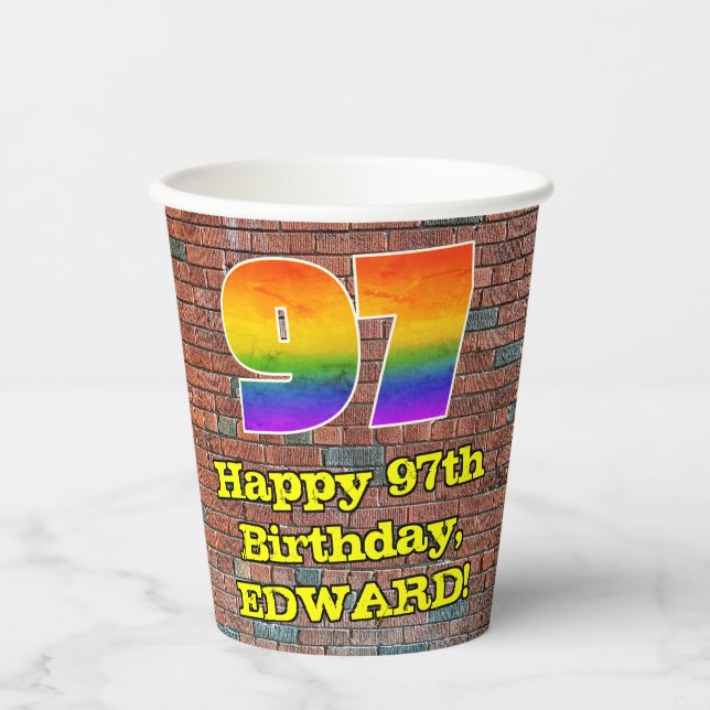 97th Birthday: Fun Graffiti-Inspired Rainbow 97 Paper Cups (Front)