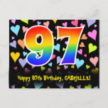 [ Thumbnail: 97th Birthday: Fun Hearts Pattern, Rainbow 97 Postcard ]