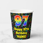 [ Thumbnail: 97th Birthday: Fun Music Notes Pattern, Rainbow 97 Paper Cups ]