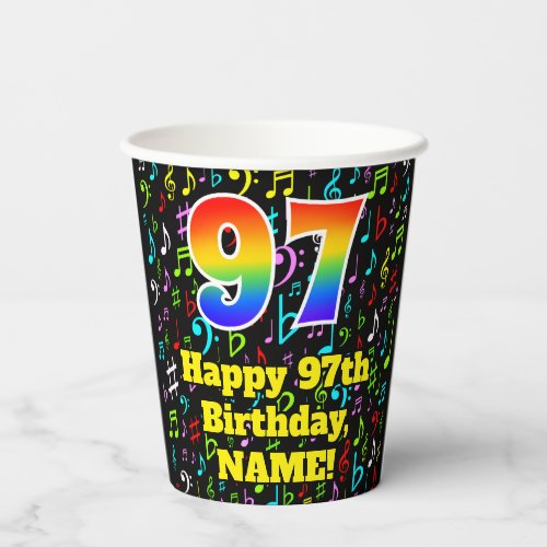 97th Birthday Fun Music Notes Pattern Rainbow 97 Paper Cups