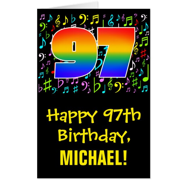 97th Birthday: Fun Music Symbols + Rainbow # 97 Card (Front)