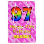 [ Thumbnail: 97th Birthday: Fun Pink Hearts Stripes; Rainbow 97 Gift Bag ]