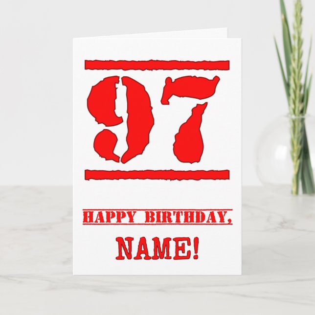97th Birthday: Fun, Red Rubber Stamp Inspired Look Card (Front)