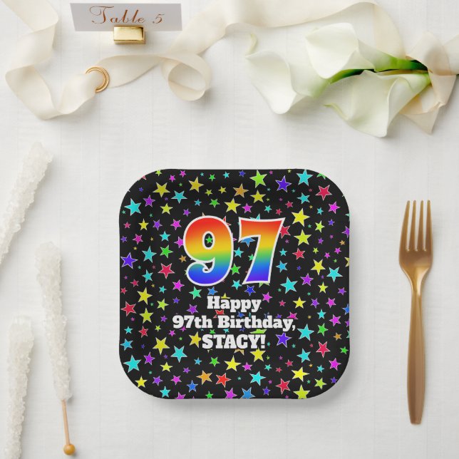 97th Birthday: Fun Stars Pattern and Rainbow “97” Paper Plates (Wedding)