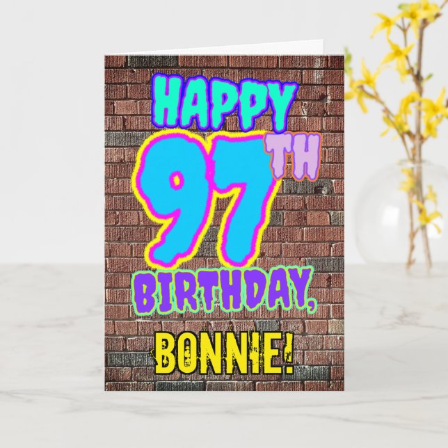 97th Birthday - Fun, Urban Graffiti Inspired Look Card (Yellow Flower)