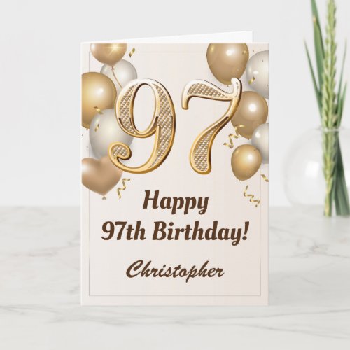 97th Birthday Gold Balloons and Confetti Birthday
