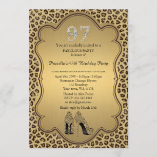 97th Birthday invitation, numbers diamonds,Cheetah Invitation