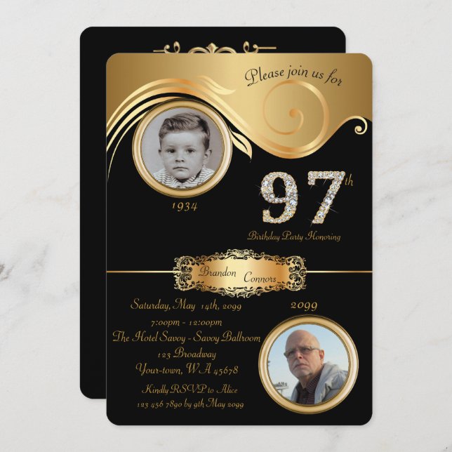 97th,Birthday Man 97th,elegant art deco,black Invitation (Front/Back)