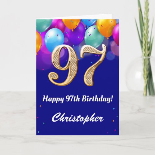 97th Birthday Navy Blue and Gold Colorful Balloons