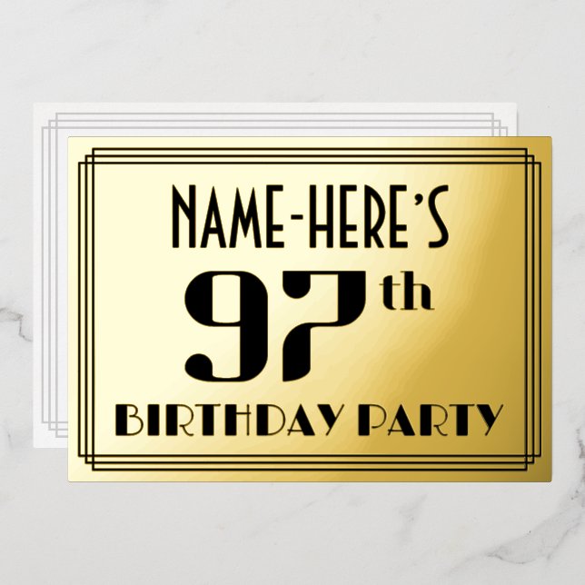 97th Birthday Party: Art Deco Look “97” and Name Foil Invitation (Front/Back)