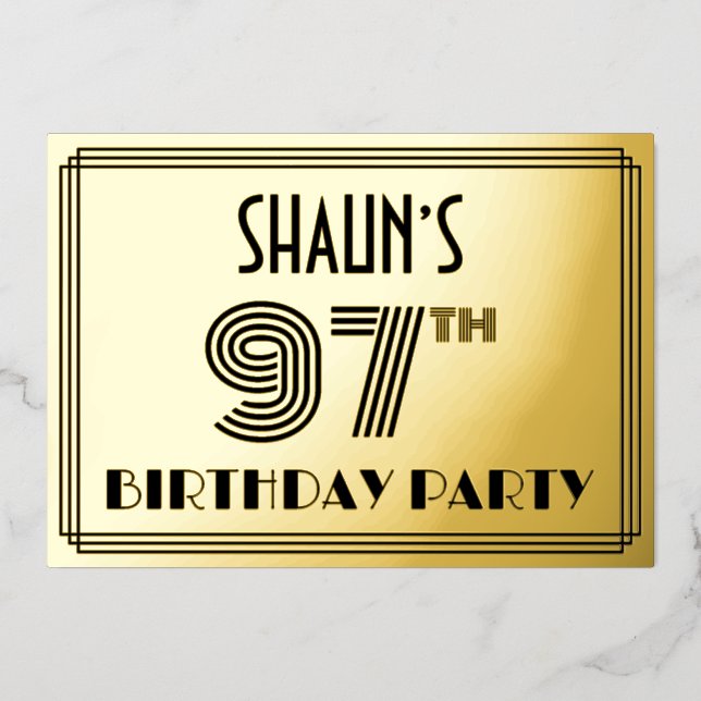 97th Birthday Party — Art Deco Style “97” & Name Foil Invitation (Front)