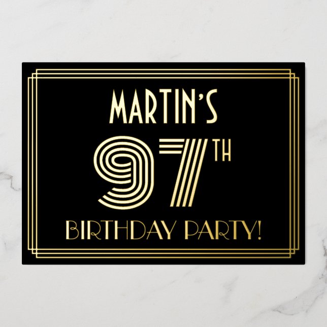 97th Birthday Party — Art Deco Style “97” + Name Foil Invitation (Front)