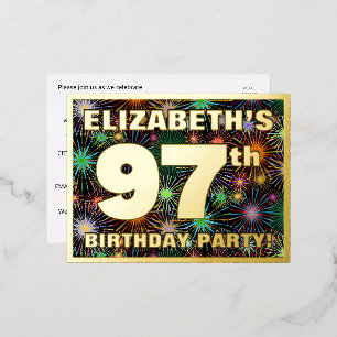 97th Birthday Party: Bold, Colorful Fireworks Look Foil Invitation Postcard