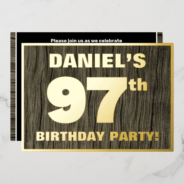 97th Birthday Party: Bold, Faux Wood Grain Pattern Foil Invitation (Front/Back)
