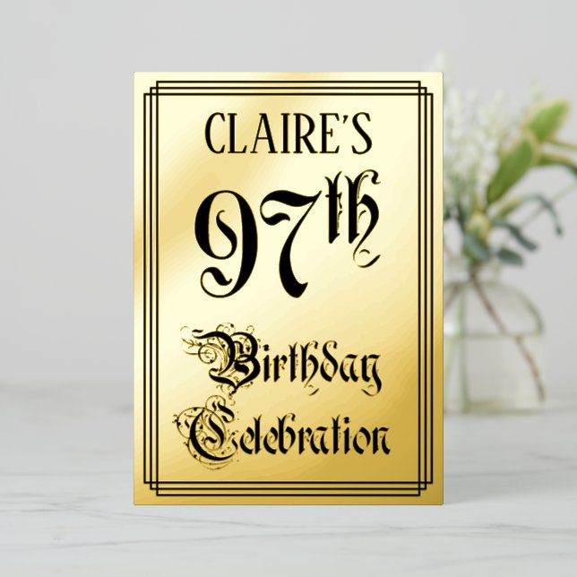 97th Birthday Party — Elegant Script + Custom Name Foil Invitation (Standing Front)