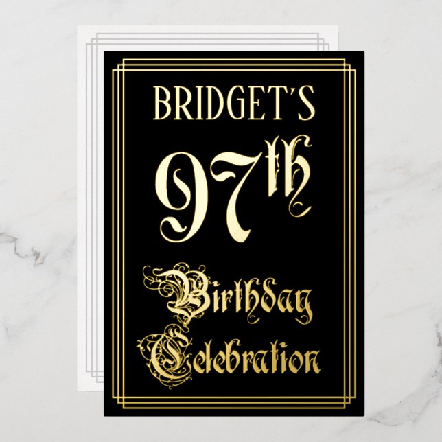 97th Birthday Party — Fancy Script & Custom Name Foil Invitation (Front/Back)