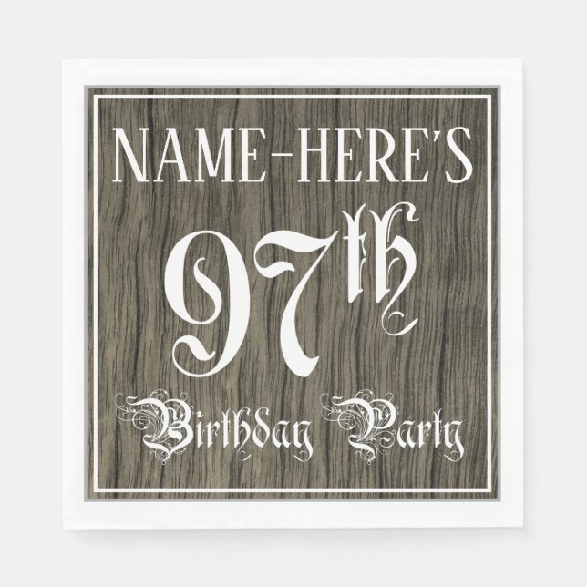 97th Birthday Party — Fancy Script, Faux Wood Look Napkins (Front)