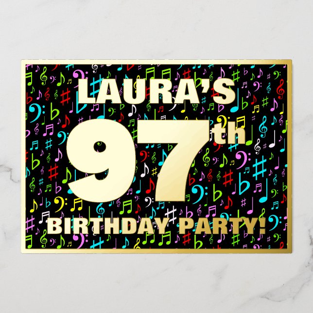 97th Birthday Party — Fun, Colorful Music Symbols Foil Invitation (Front)