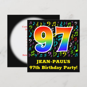 97th Birthday Party: Fun Music Symbols, Rainbow 97 Invitation