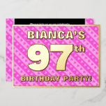 [ Thumbnail: 97th Birthday Party — Fun Pink Hearts and Stripes Invitation ]