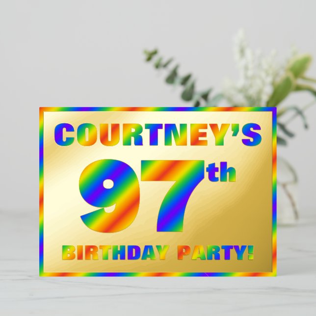 97th Birthday Party — Fun, Rainbow Spectrum “97” Foil Invitation (Standing Front)