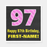 [ Thumbnail: 97th Birthday: Pink Stripes and Hearts "97" + Name Napkins ]