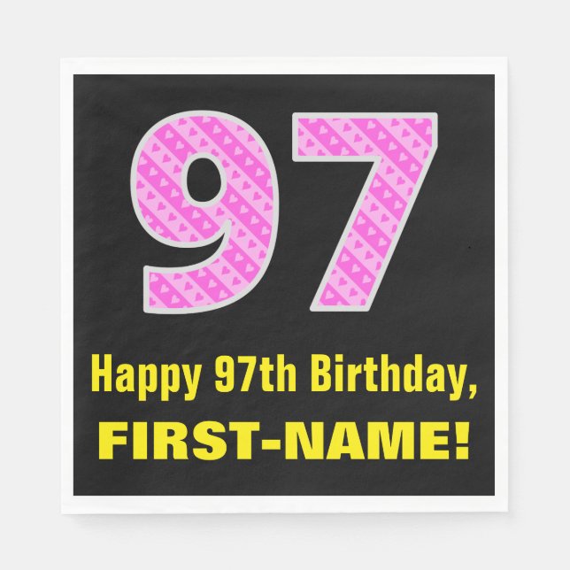 97th Birthday: Pink Stripes and Hearts "97" + Name Napkins (Front)