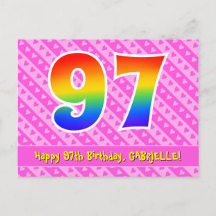 97th Birthday: Pink Stripes & Hearts, Rainbow 97 Postcard