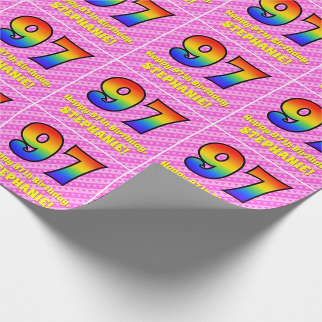 97th Birthday: Pink Stripes & Hearts, Rainbow # 97 Wrapping Paper (Corner)