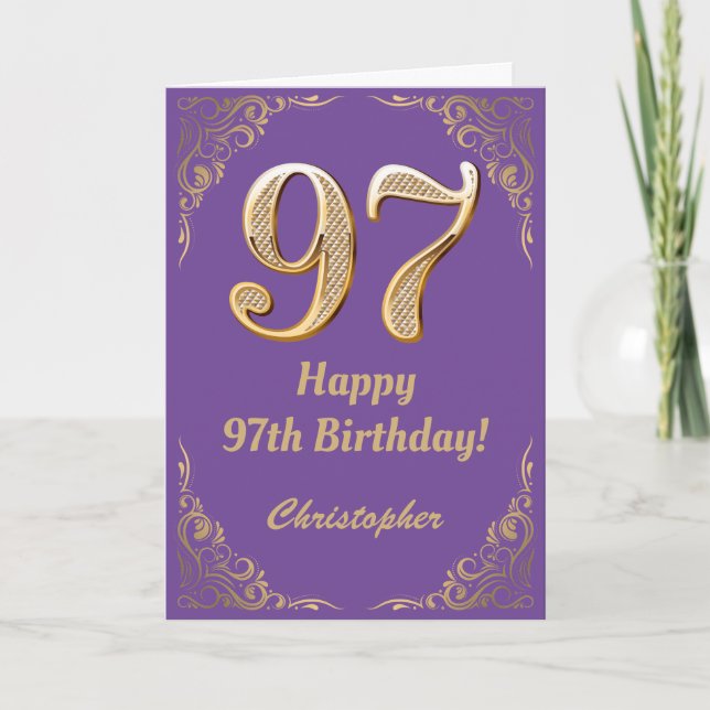 97th Birthday Purple and Gold Glitter Frame Card (Front)