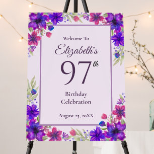 97th Birthday Purple Floral Welcome Sign