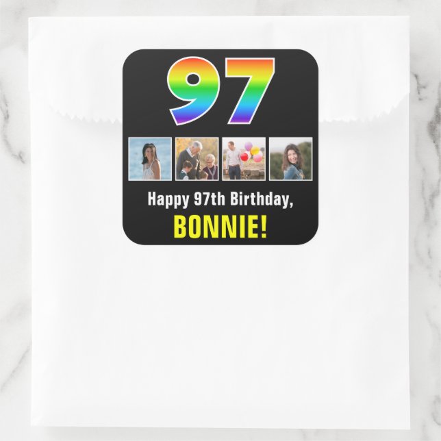 97th Birthday: Rainbow “97”; Custom Photos & Name Square Sticker (Bag)