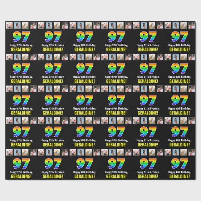 97th Birthday: Rainbow “97“; Custom Photos & Name Wrapping Paper (Seam)