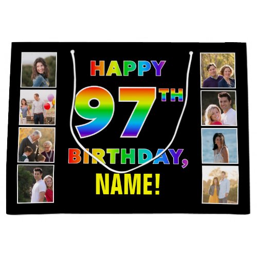 97th Birthday Rainbow Text Custom Photos  Name Large Gift Bag