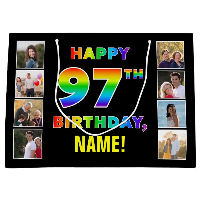 97th Birthday: Rainbow Text, Custom Photos & Name Large Gift Bag (Front)
