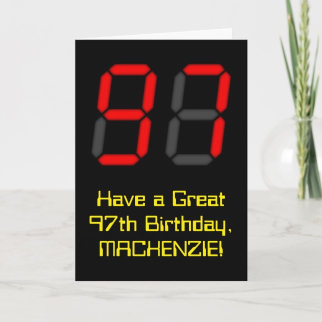 97th Birthday: Red Digital Clock Style "97" + Name Card (Front)