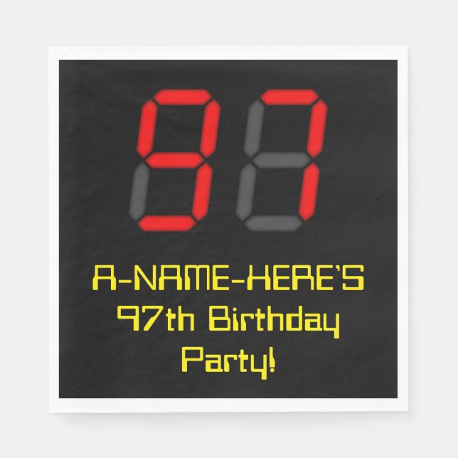 97th Birthday: Red Digital Clock Style "97" + Name Napkins (Front)